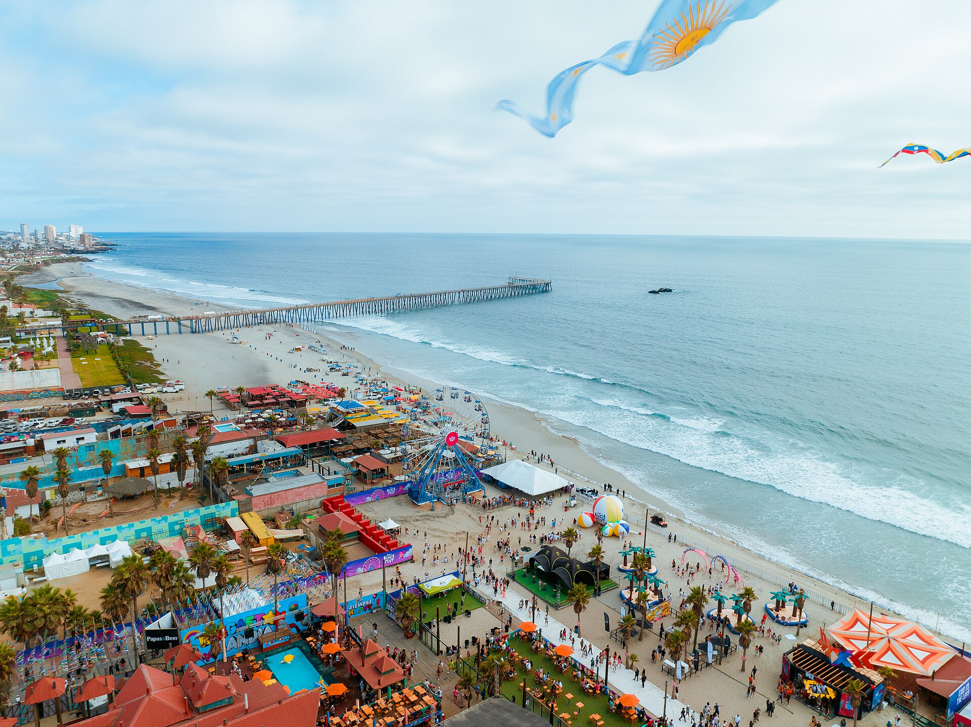 Aerial view of Rosarito beach, pier and boardwalk